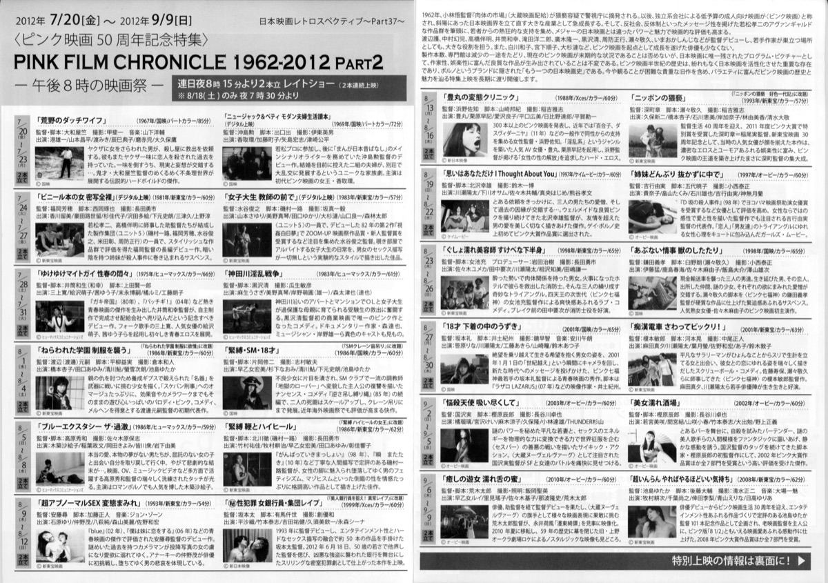 ＜ピンク映画５０周年記念特集＞PINK FILM CHRONICLE 1962-2012 Part2　―午後８時の映画祭―